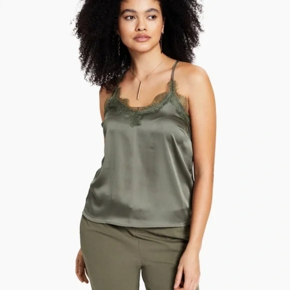 Bar III Dusty Olive Satin Lace Trim Racerback Camisole